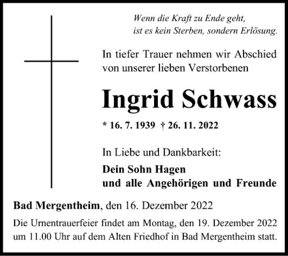  Traueranzeige für Ingrid Schwass vom 16.12.2022 aus Fränkische Nachrichten