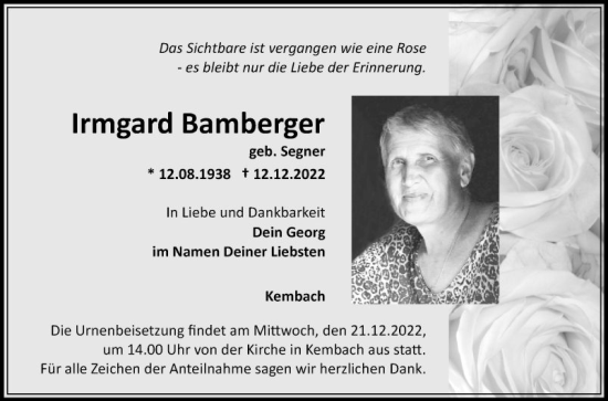 Traueranzeige von Irmgard Bamberger von Fränkische Nachrichten
