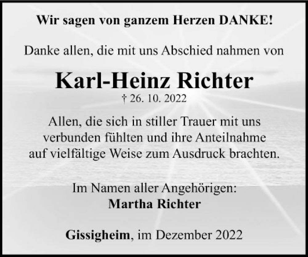  Traueranzeige für Karl-Heinz Richter vom 03.12.2022 aus Fränkische Nachrichten