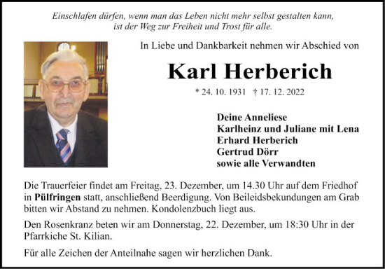 Traueranzeige von Karl Herberich von Fränkische Nachrichten