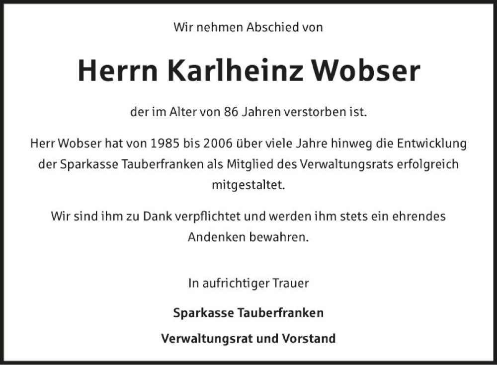  Traueranzeige für Karlheinz Wobser vom 20.12.2022 aus Fränkische Nachrichten