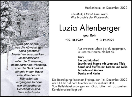 Traueranzeige von Luzia Altenberger von Schwetzinger Zeitung