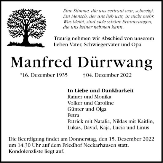 Traueranzeige von Manfred Dürrwang von Mannheimer Morgen