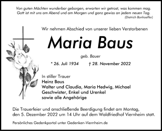 Traueranzeige von Maria Baus von Mannheimer Morgen