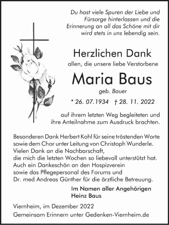 Traueranzeige von Maria Baus von Mannheimer Morgen