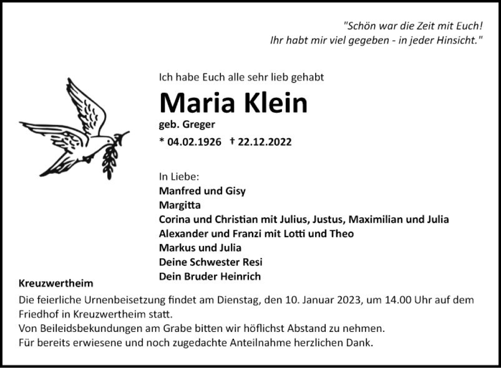  Traueranzeige für Maria Klein vom 28.12.2022 aus Fränkische Nachrichten