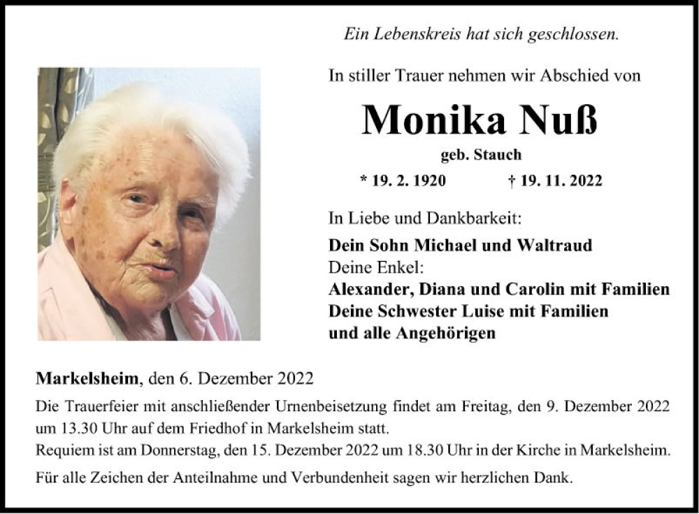  Traueranzeige für Monika Nuß vom 06.12.2022 aus Fränkische Nachrichten