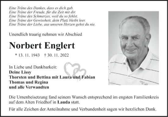 Traueranzeige von Norbert Englert von Fränkische Nachrichten