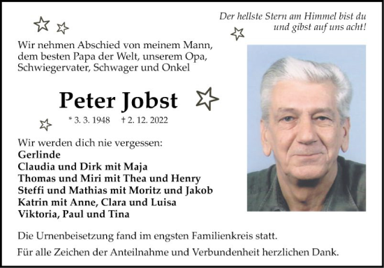 Traueranzeige von Peter Jobst von Fränkische Nachrichten
