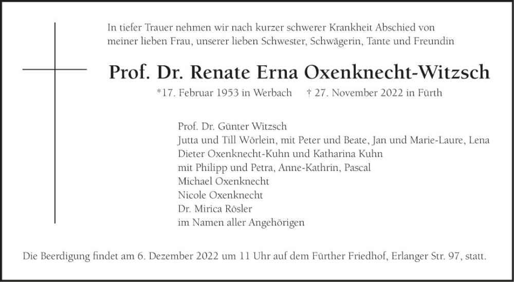  Traueranzeige für Renate Erna Oxenknecht-Witzsch vom 03.12.2022 aus Fränkische Nachrichten