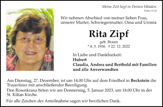 Traueranzeige von Rita Zipf von Fränkische Nachrichten
