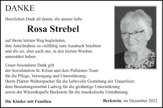 Traueranzeige von Rosa Strebel von Fränkische Nachrichten