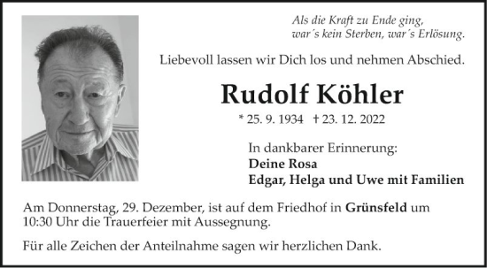 Traueranzeige von Rudolf Köhler von Fränkische Nachrichten