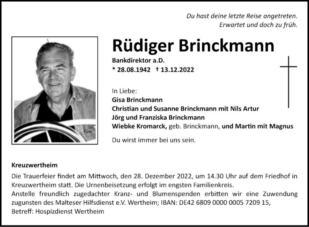  Traueranzeige für Rüdiger Brinckmann vom 23.12.2022 aus Fränkische Nachrichten