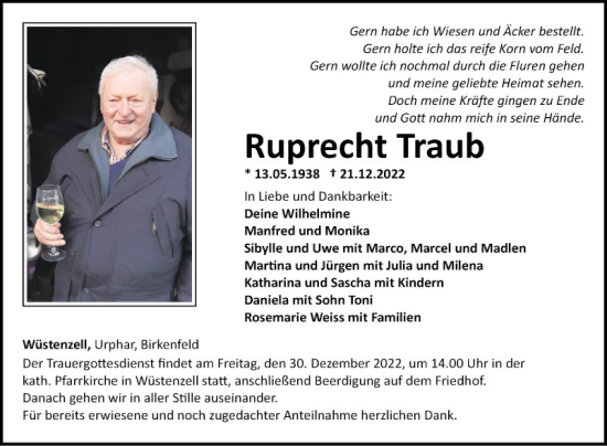 Traueranzeige von Ruprecht Traub von Fränkische Nachrichten