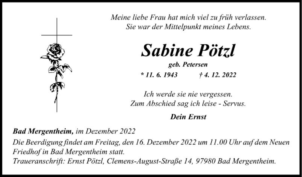  Traueranzeige für Sabine Pötzl vom 09.12.2022 aus Fränkische Nachrichten