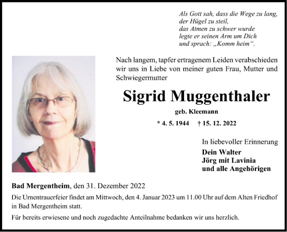  Traueranzeige für Sigrid Muggenthaler vom 31.12.2022 aus Fränkische Nachrichten