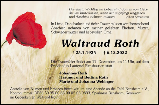 Traueranzeige von Waltraud Roth von Bergsträßer Anzeiger