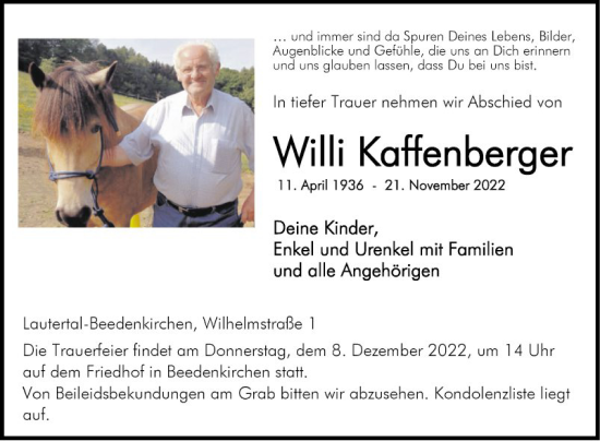 Traueranzeige von Willi Kaffenberger von Bergsträßer Anzeiger