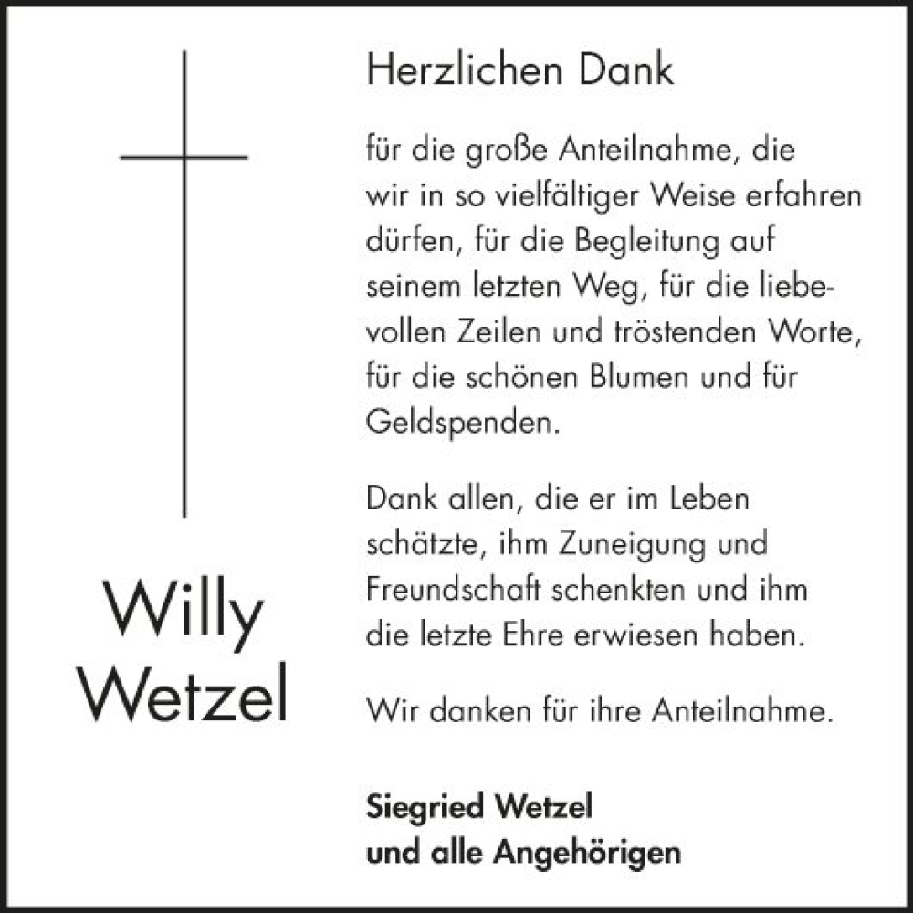 Traueranzeige für Willy Wetzel vom 03.12.2022 aus Fränkische Nachrichten