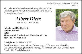 Traueranzeige von Albert Dietz von Fränkische Nachrichten