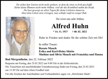 Traueranzeige von Alfred Huhn von Fränkische Nachrichten