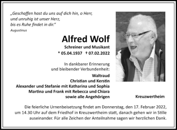 Traueranzeige von Alfred Wolf von Fränkische Nachrichten