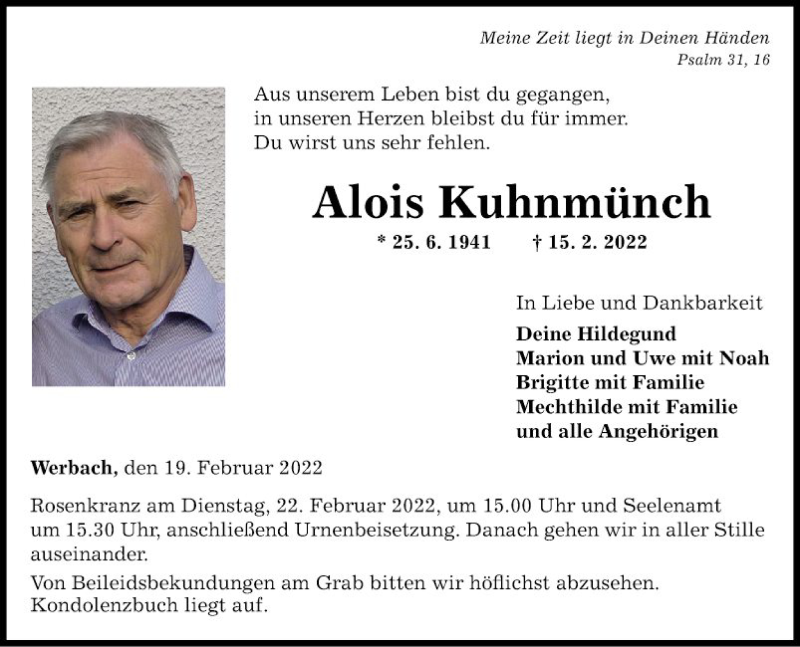  Traueranzeige für Alois Kuhnmünch vom 19.02.2022 aus Fränkische Nachrichten