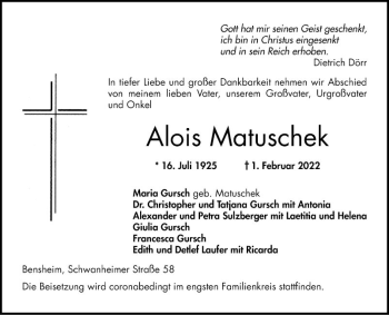 Traueranzeige von Alois Matuschek von Bergsträßer Anzeiger