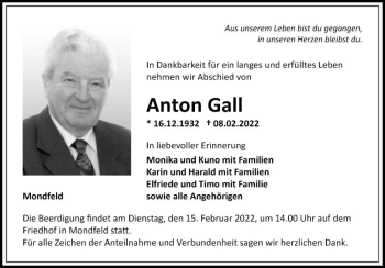 Traueranzeige von Anton Gall von Fränkische Nachrichten