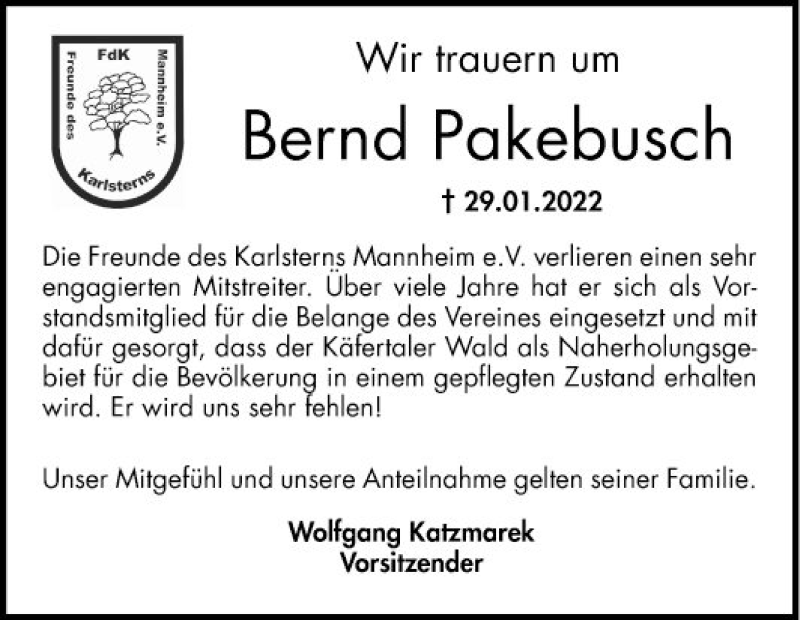  Traueranzeige für Bernd Pakebusch vom 05.02.2022 aus Mannheimer Morgen
