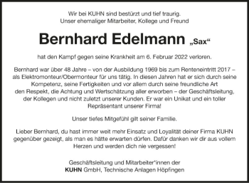 Traueranzeige von Bernhard Edelmann von Fränkische Nachrichten