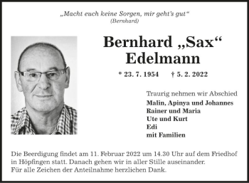 Traueranzeige von Bernhard Edelmann von Fränkische Nachrichten