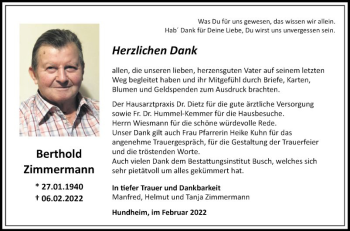 Traueranzeige von Berthold Zimmermann von Fränkische Nachrichten