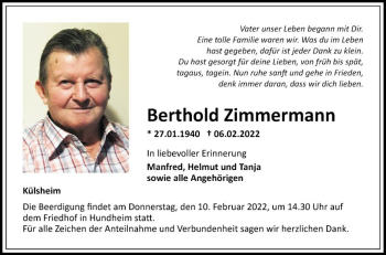 Traueranzeige von Berthold Zimmermann von Fränkische Nachrichten
