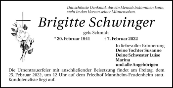 Traueranzeige von Brigitte Schwinger von Mannheimer Morgen