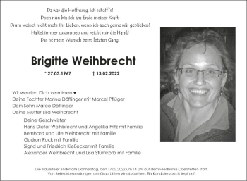 Traueranzeige von Brigitte Weihbrecht von Fränkische Nachrichten