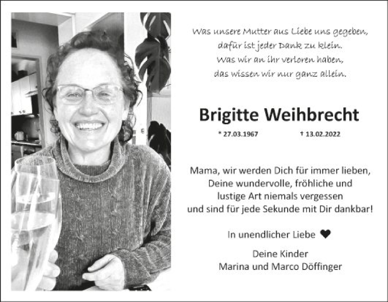  Traueranzeige für Brigitte Weihbrecht vom 15.02.2022 aus Fränkische Nachrichten