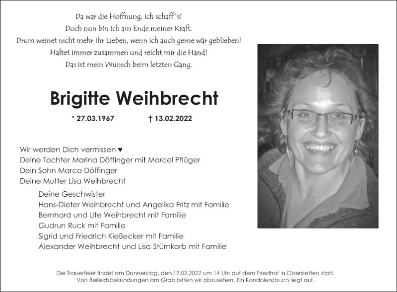  Traueranzeige für Brigitte Weihbrecht vom 15.02.2022 aus Fränkische Nachrichten