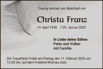 Traueranzeige von Christa Franz von Mannheimer Morgen