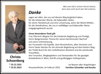 Traueranzeige von Christa Schoenberg von Fränkische Nachrichten