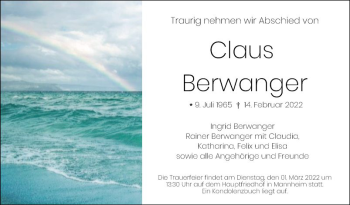 Traueranzeige von Claus Berwanger von Mannheimer Morgen