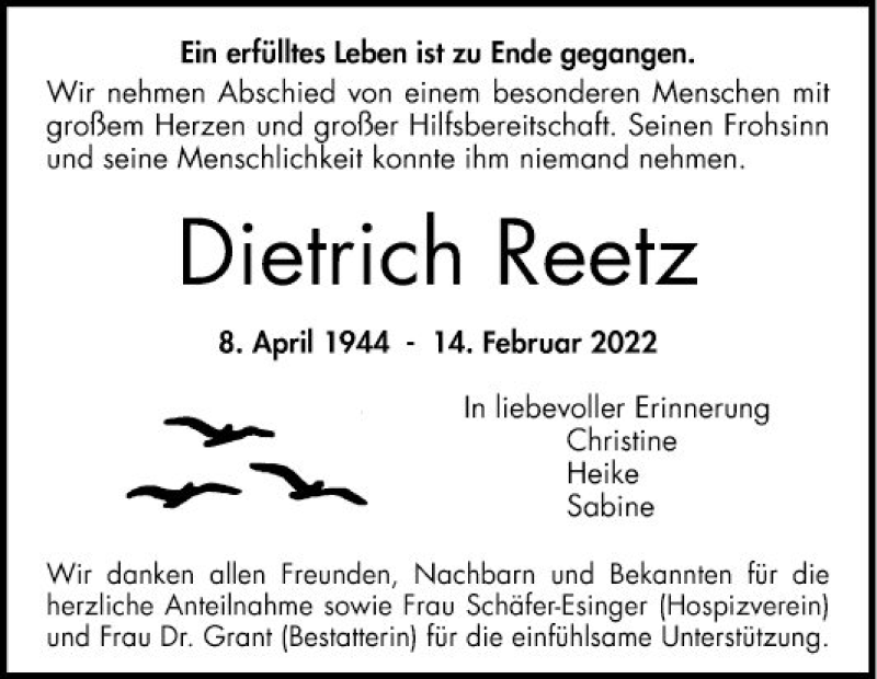  Traueranzeige für Dietrich Reetz vom 19.02.2022 aus Bergsträßer Anzeiger