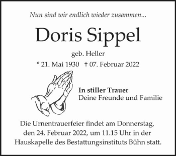 Traueranzeige von Doris Sippel von Mannheimer Morgen