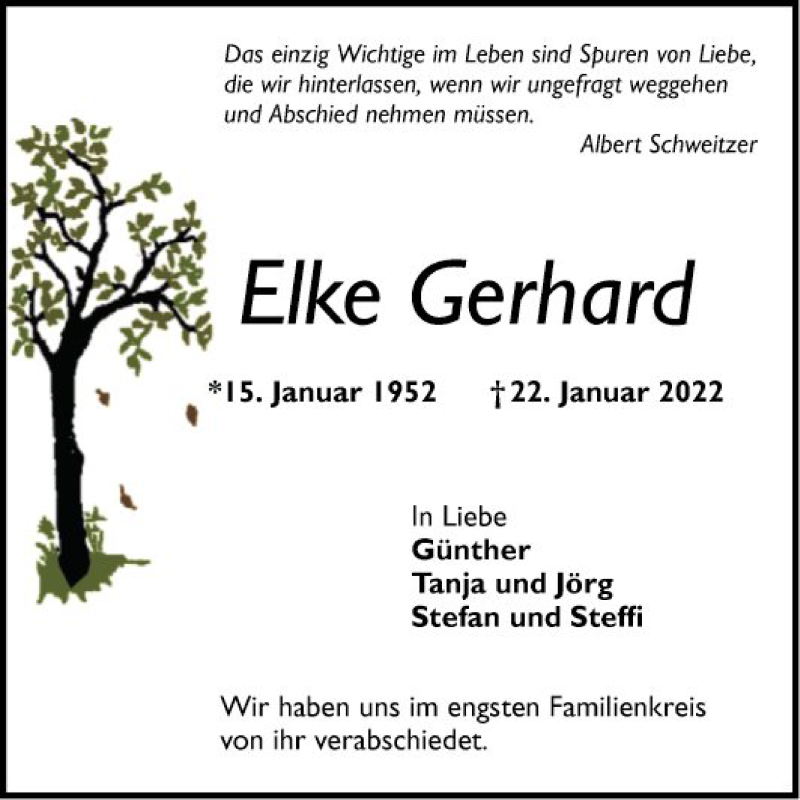  Traueranzeige für Elke Gerhard vom 05.02.2022 aus Mannheimer Morgen