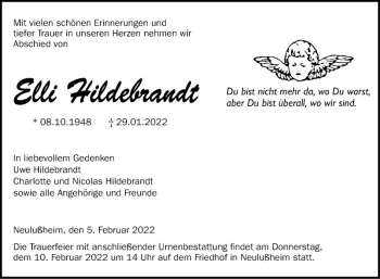 Traueranzeige von Elli Hildebrandt von Schwetzinger Zeitung