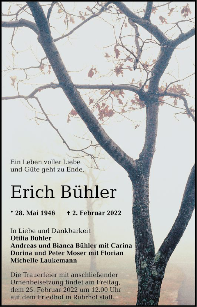  Traueranzeige für Erich Bühler vom 18.02.2022 aus Schwetzinger Zeitung