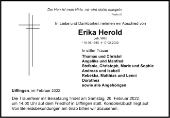 Traueranzeige von Erika Herold von Fränkische Nachrichten