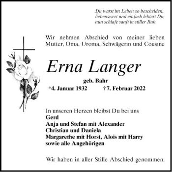 Traueranzeige von Erna Langer von Schwetzinger Zeitung