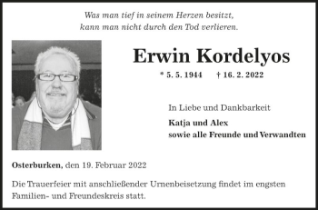 Traueranzeige von Erwin Kordelyos von Fränkische Nachrichten